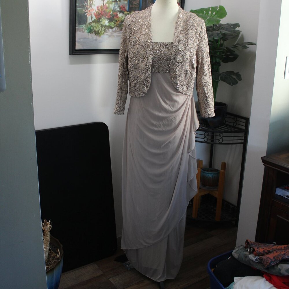 Tan/Gold Layered 2 pc Dress w/ Jacket by Atelier Danielle - Women's Size 16